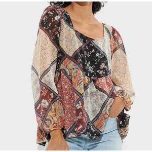 American Eagle Patchwork Floral Boho Babydoll Long Sleeve Top Women's Small